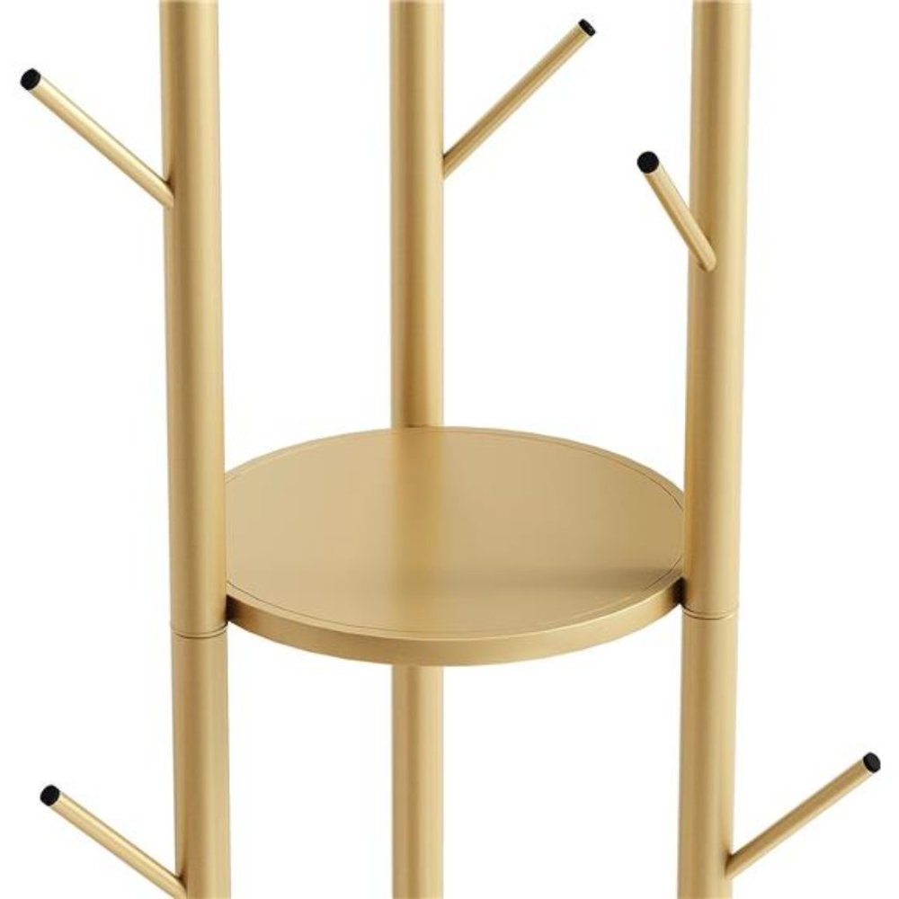 Metal Gold Freestanding, Coat Hanger Stand, with Double Shelves, 9 Hooks, Gold